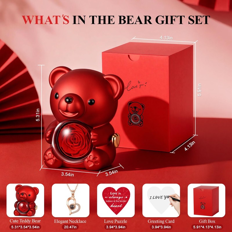 Cute Teddy Bear with Preserved Rose, Rotating Eternal Rose Gift