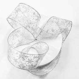 CT CRAFT LLC Organza with Silver Glitter Snowflakes Wired Ribbon - 2.5" x 50 Yards, for Christmas Home Decor, Gift Wrapping, Bow Making, Wreath, DIY Crafts