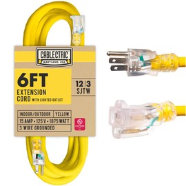 Cablectric 12 Gauge Outdoor Extension Cord 6 ft, 12/3 Heavy Duty Extension Cord 3 Prong Lighted End 6 Foot, SJTW Weatherproof Industrial Electrical Cable for Major Appliances, Proudly American Brand