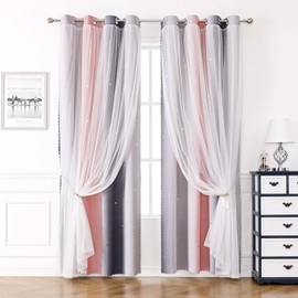 KAHEAUM Blackout Curtains for Bedroom Curtains Eyelet Living Room Girls Nursery Kids, Voile Net Curtains for Windows, 2 Panel 46 x 54 inch Soundproof Black Out Curtains UK Thermal Pink Grey Curtains