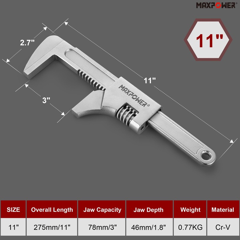 MAXPOWER 11" Automotive Wrench, Adjustable Wrench Wide Jaw Opening 3",