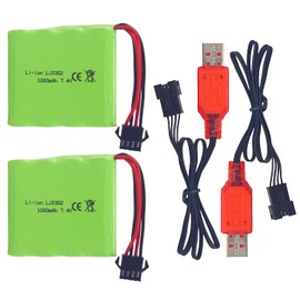 PUOO 2PCS 7.4V 1000mAh Lithium Battery with SM-4P 4 pin Plug USB Charging Cable for DE36W DE65 NO.1809 RC Car 1:16 Off-Road Vehicle Four-Wheel Drive High-Speed Climbing Drift Racing Spare Battery