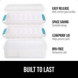 GORILLA GRIP BPA-Free Easy Release Ice Cube Tray for Freezer, Make Lots of Ice, 56 Cubes Total, Kit Includes 2 Stackable Leakproof Trays with Lid and Soft Handle Grips, Scooper, Bin, Turquoise