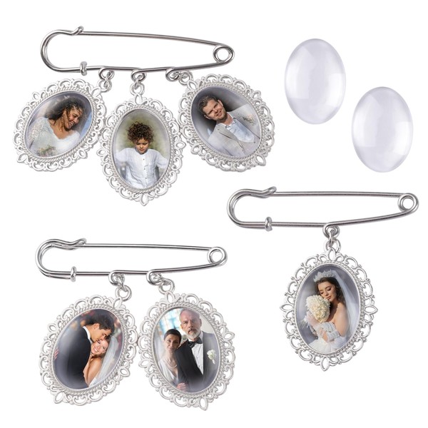 URROMA 3Pcs Silver Wedding Bouquet Photo Charm Pins, Bouquet Charm