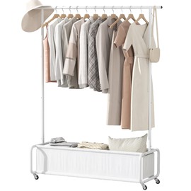 Boeeoan Clothes Rack With Large Storage Bag, Clothes Organizer Stand on Wheels, Garment Rack, Rolling Clothes Storage Cart, Coat Rack, for Bedroom, Laundry Room, Living-room, White