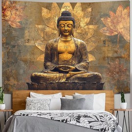 FENDROM Sitting Golden Buddha Tapestry Wall Hanging Buddhist Statue Tapestries Lotus Meditation Wall Decor Zen Art Psychedelic Indian Tapestry for Bedroom Living Room Home Decor