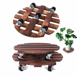 2 Pack Plant Caddy with 5 Wheels, 14" + 12" Rolling Plant Stand 220 LB Heavy Duty Wooden Round Plant Dolly with Metal 360° Lockable Caster Wheels for Outdoor Indoor Large Plant Pots, Flower Pot, Patio