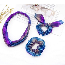 3 in1 Shiny Hologram Metallic Rainbow Bows Scarf Hair Scrunchies Bands Two-tone Mermaid Bunny Ears Hair Bobbles Elastics Ponytail Holders Hair Ties for Show Dance Party Girl (Purple Blue)