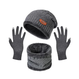 3-Piece Winter Knit Set, Beanie Hat, Neck Warmer and Gloves, Fleece Lined, Winter Fashion for Men 2025 (Gray)