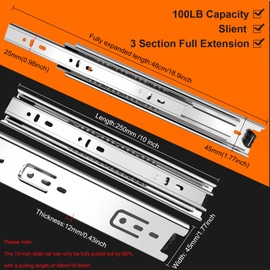 10 inch Drawer Slides 4 Pairs (8pcs) 3 fold Full Extension Side Mount Cabinet Drawer Glides 10" Silver Cabinet Rails for Dresser, Cabinet, Kitchen,Trash Can, Wardrobe 100 LB Capacity