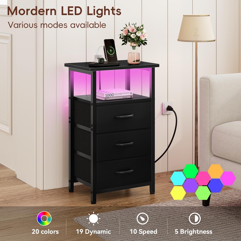 Vagusicc Night Stand Set 2 with Charging Station, LED Nightstand