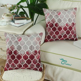 CaliTime Pack of 2 Cozy Throw Pillow Cases Covers for Couch Bed Sofa Farmhouse Manual Hand Painted Colorful Geometric Trellis Chain Print 20 X 20 Inches Main Grey Red Burgundy
