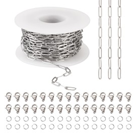 PandaHall 304 Stainless Steel Paper Clip Chains Roller Chains Bulk Pack with 30 Lobster Clasps, 60 Jump Rings for Jewellery Making, 10M