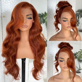 BlackSwern 13x6 HD Glueless Lace Frontal Wigs Pre-Plucked, 200 Density Ginger Similar Human Hair Synthetic Long Body Wave Lace Front Wig Ready to Wear, 26inch #Ginger