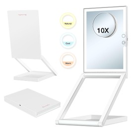 Travel Makeup Mirror with lights 3 Colors Lighting USB Rechargeable LED mirror, portable mirror with 10X Magnifying, Adjustable Height, 360°Rotation, Compact Folding Touch Screen Smart Cosmetic Mirror