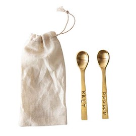 Creative Co-Op Metal "Salt" & "Pepper" Spoons in Drawstring Bag, Brass Finish, Set of 2