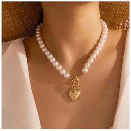 Allereya Round White Simulated Pearl Necklace Love Heart Locket Necklace Pendent Necklace Gold Pearl choker Necklace Toggle T Bar Chain Necklace Jewelry for Women and Girls