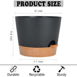 Plant Pots Self Watering Planters with Drainage Hole and Reservoir Large Flower Planting Pots for Indoor Outdoor Plants Plastic Succulent Pot Gift Idea 2 * 12Inch