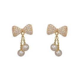 YDSURE Women's Bowknot Diamond Earrings, Simple Design, Dangling Metallic Allergies, Ring Earrings, 18K Gold, Sparkling, 925 Silver, 925 Metal, Hypoallergenic, Pearl, Simple Earrings, Women's