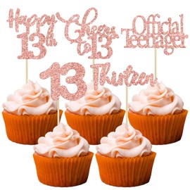 Paquete de 30 adornos para magdalenas de 13 cumpleaños, oro rosa con purpurina, 13 regalos oficiales para adolescentes a 13 años de edad, cumpleaños para 13 cumpleaños, aniversario, fiesta, decoración