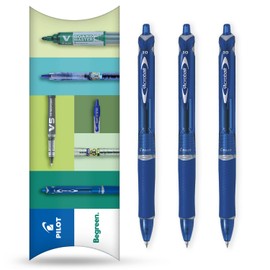 Pilot Acroball Retractable Ballpoint Pen - Begreen Range 79% Recycled - Pack of 3 Pens - Medium 1.0mm Nib - Ideal for Writing, School, Home, Revision, Office. (Blue)