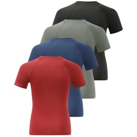 Ullnoy 4 Pack Boys Athletic Compression Shirts Short Sleeve Dry Fit T Shirts for Kids Moisture Wicking Athletic Tees Black/Gray/Navy/Wine L