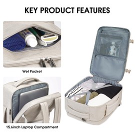 WANDF 17-Inch Laptop Travel Backpack For Spirit Airlines Personal Item Bag 18x14x8 with Wet Pocket for Men Women (Beige)