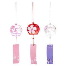 BENECREAT 3 PCS 3 colours Japanese Cherry Blossom Glass Wind Chimes, Dark Red, Pearl Pink, Medium Purple Wind Chimes with Paper Blessing Pendant for Wedding Indoor/Outdoor Decoration