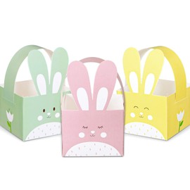 Whaline Whaline 24pcs Easter Treat Boxes Happy Easter Gift Box with Handle Cute Bunny Rabbit Easter Basket Containers Rabbit Shape Candy Goody Cookie Box Holder for School Classroom Party Favor Supplies