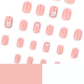White Flower Press on Nails French Tip Glue on Nails Nude Fake Nails Spring Summer Stick on Nails 3D Acrylic False Nails Glossy Full Cover Artificial Nails Reusable Nails Kit for Women Girls 24Pcs