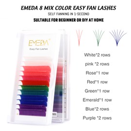 EMEDA Coloured Self-Fanning Eyelash Extensions, 8 Colourful Easy Fan Lashes, 13 mm, D Curl, White, Rose, Pink, Red, Green, Emerald Blue, Purple Eyelash Extension, 3D, 6D, 10D Self Fan Lashes (0.07 D 13 mm)