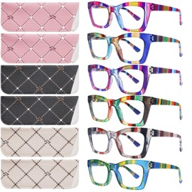 SIGVAN 6 Pack Oprah Style Reading Glasses Blue Light Blocking Square Computer Spring Hinge Readers for Women (6 Mix-1, 3.5, multiplier_x)
