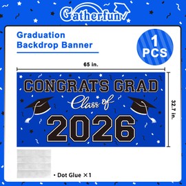 Graduation Party Decorations 2026 Plastic Backdrop - 65" x 32.7" Congrats Grad Banner in Blue, Large Class of 2026 Decorations, Photography & Grad Party Supplies