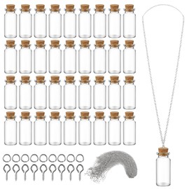Sawysine 50 Pcs 10 ml Mini Glass Bottles Jars with Cork Mini Potion Bottles 50 Pcs Link Necklace Chain with Lobster Clasps Jewelry Chain 100 Pcs Eye Screws 100 Rings for Bead DIY Crafts Pendant Making