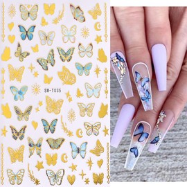 Butterfly Nail Art Sticker Decals 3D Self-Adhesive Colorful Butterfly Flower Design Nail Decals Pink Blue Green Gold Butterflies Nail Art Sticker Decoration for Women Manicure Supplies Nail Art Tip