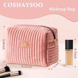 COSHAYSOO Mom Birthday Gifts Mothers Day Gift Ideas for Mama Grandma New Mommy from Daughter Travel Makeup Bag Quilted Make Up Cosmetic Pouch Cool Aesthetic Monogram Pink Velvet Initial Letter S