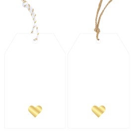 Anwyll Gift Tags with String Attached,100Pcs Hang Paper Gift Wrap Tags Design with Gold Heart,White Gift Bag Tags,Blank Gift Label Tag for Present Birthday Valentines Mothers Day Christmas Party Favor