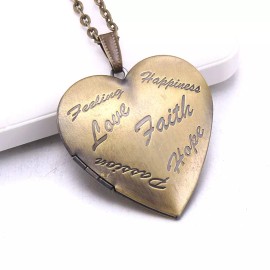 "Handmade" "Faith, Hope, Love" - Heart Photo Locket Pendant Necklace