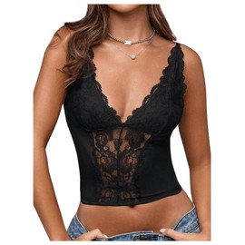 GORGLITTER Women's Deep V Neck Sexy Lace Sheer Corset Crop Tops Sleeveless Cut Out Back Skinny Party Cropped Top Black Small