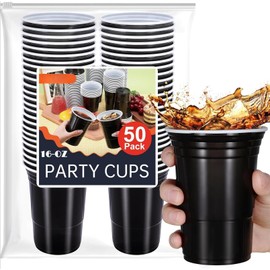 Preocea 50 Pack Black Party Cups, 16 oz Disposable Plastic Cups, Beverage Drinking Cup, Disposable Black Cup for Party Picnics Birthday Indoor Outdoor Events