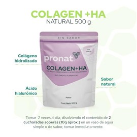 PRONAT | Colágeno Hidrolizado + Ácido Hialurónico, Suplemento Alimenticio, Sabor Natural, Bolsa con 500 gramos