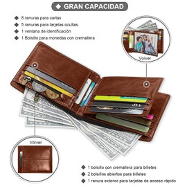 Hisemy Carteras para Caballero Carteras de cuero genuino para hombres Bolsillo frontal Ventana de identificación 13 Titulares de tarjetas(marrón)