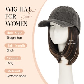 Hat Wigs for Women,Dark Gray Baseball Cap with Hair Extensions for Women/Men,Short Bob Hairstyle Caps with Hair Attached Adjustable Baseball Cap Wig 6 Inch Highlighted Dark Brown Hair