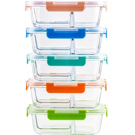 HAKEEMI 5-Pack,3 Compartment Glass Meal Prep Containers Set,34oz, Divided Food Storage Containers with Lids, Glass Lunch Box with 3 Dividers