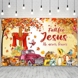 YE SU Fall for Jesus Backdrop, Jesus He Never Leaves Photography Background Autumn Pumpkin Maple Leaves Christian Religion Backdrop Banner for Fall Thanksgiving Party Decorations