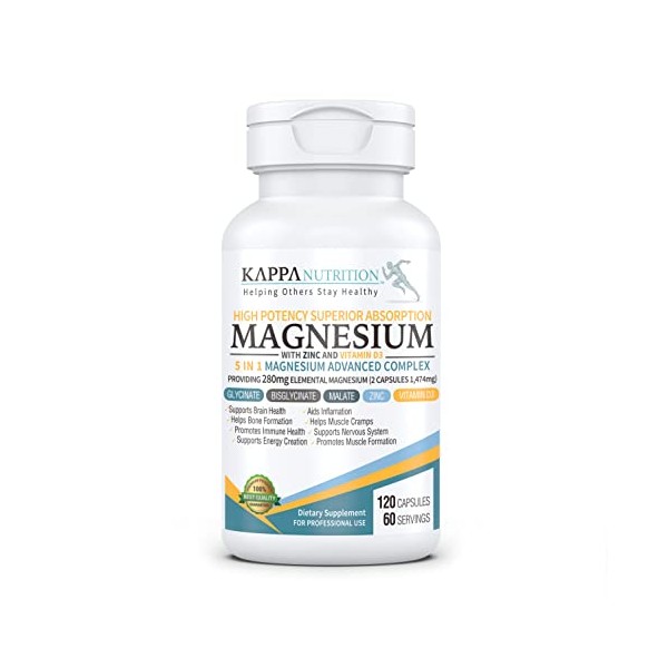 (120 Capsules), Glycinate, Bisglycinate, Malate, Zinc, Vitamin D3 for Brain, Sleep, Cramps, Headaches, Energy, Bones, Immune, Providing 280mg Elemental Magnesium, from Kappa Nutrition.
