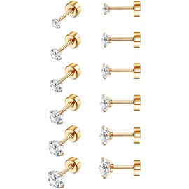 MILACOLATO 6 Pairs 18G Hypoallergenic Earrings Stainless Steel for Women Men Cartilage Helix Earrings Set Round Cubic Zirconia Earrings