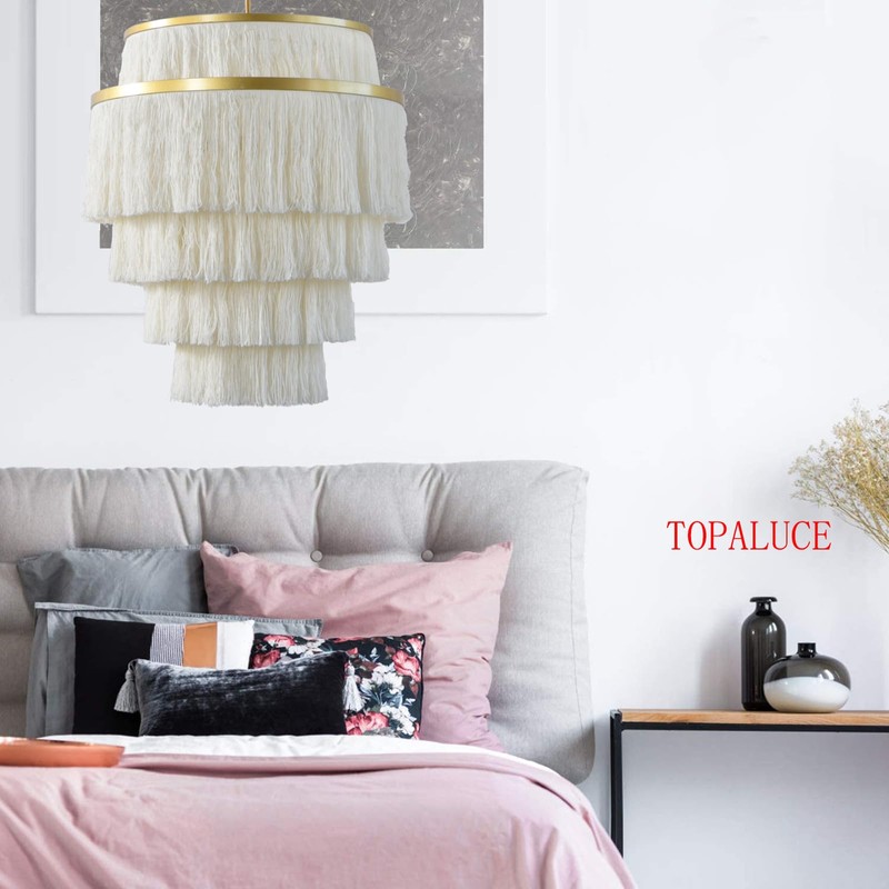 Topaluce 5-Tiered Boho Chandelier 3-Light White Fringe Pendant Hanging Light