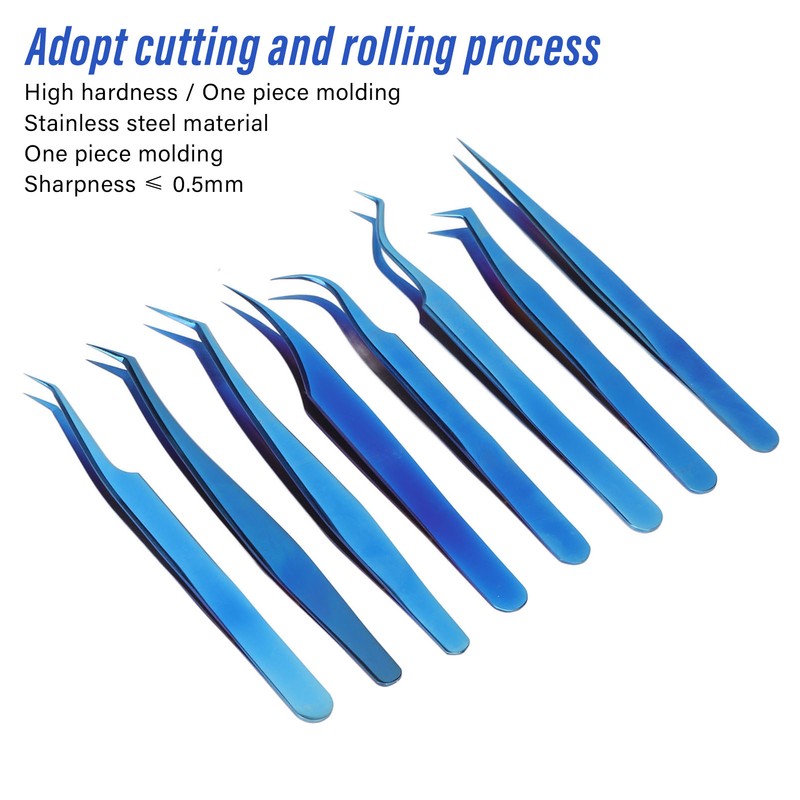 8pcs Eyelash Tweezers Stainless Steel Fine Tip Ergonomic Blue Titanium