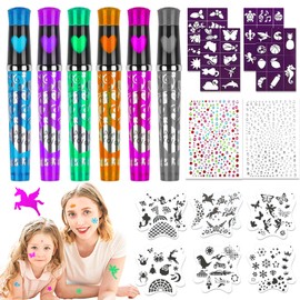 VINEST Tattoo Pens Children, 6 Tattoo Pens with 10 Stencils and 2 Sheets of Glitter Stones Face, Easy to Clean Tattoo Pens for Children, Glitter Tattoo Set for Boys Girls Party Gift